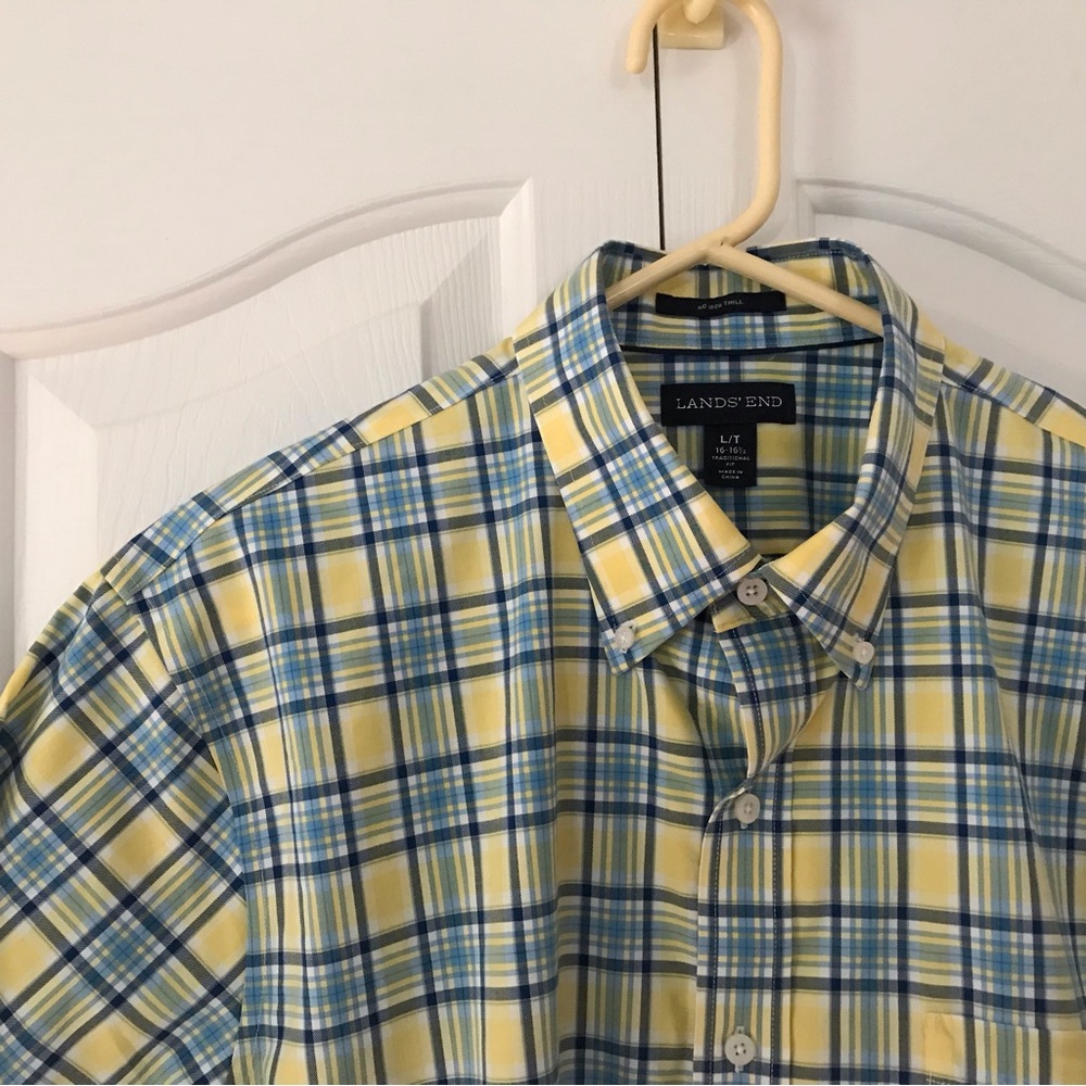 LANDS END Full Button Front & Collar Blue/Yellow Plaid Shirt  Pocket Siz…